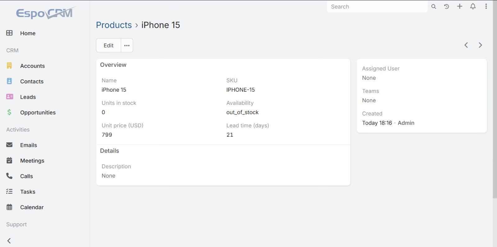EspoCRM Product detail view — an iPhone 15 record