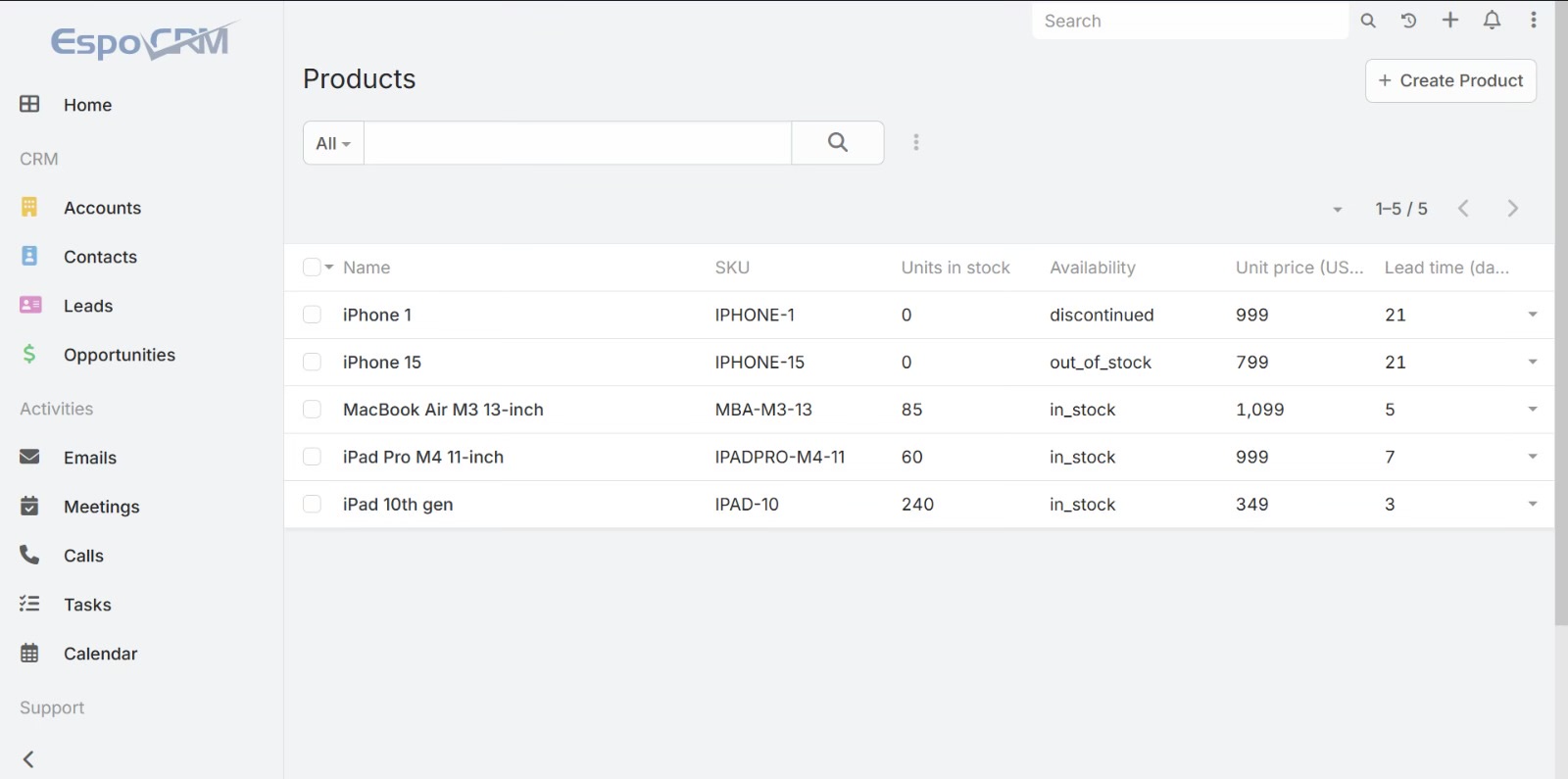 EspoCRM Products list — the real catalog Aria's pricing tool searches