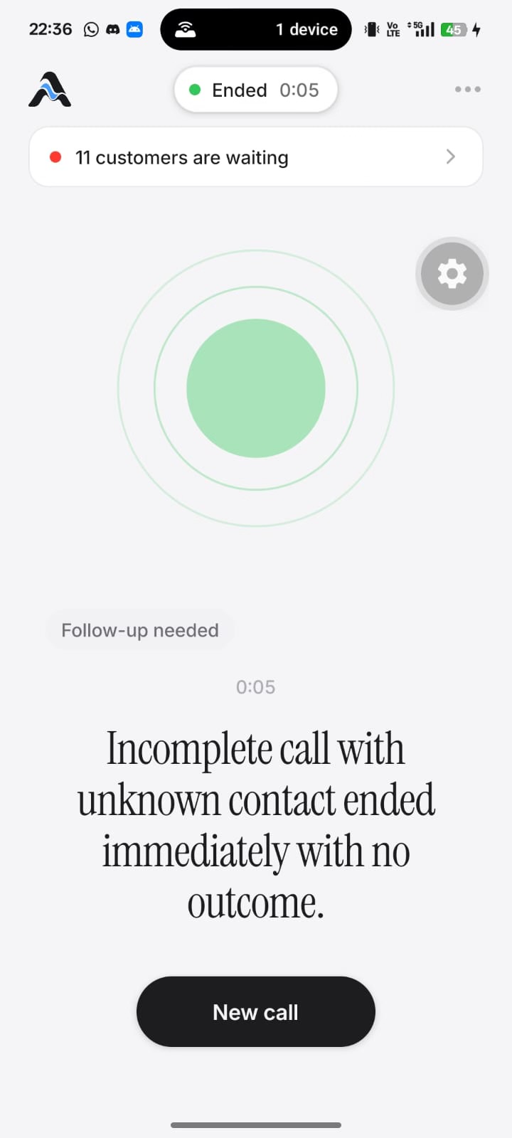 Aria mobile app — escalation inbox showing a customer waiting and the AI-written call outcome