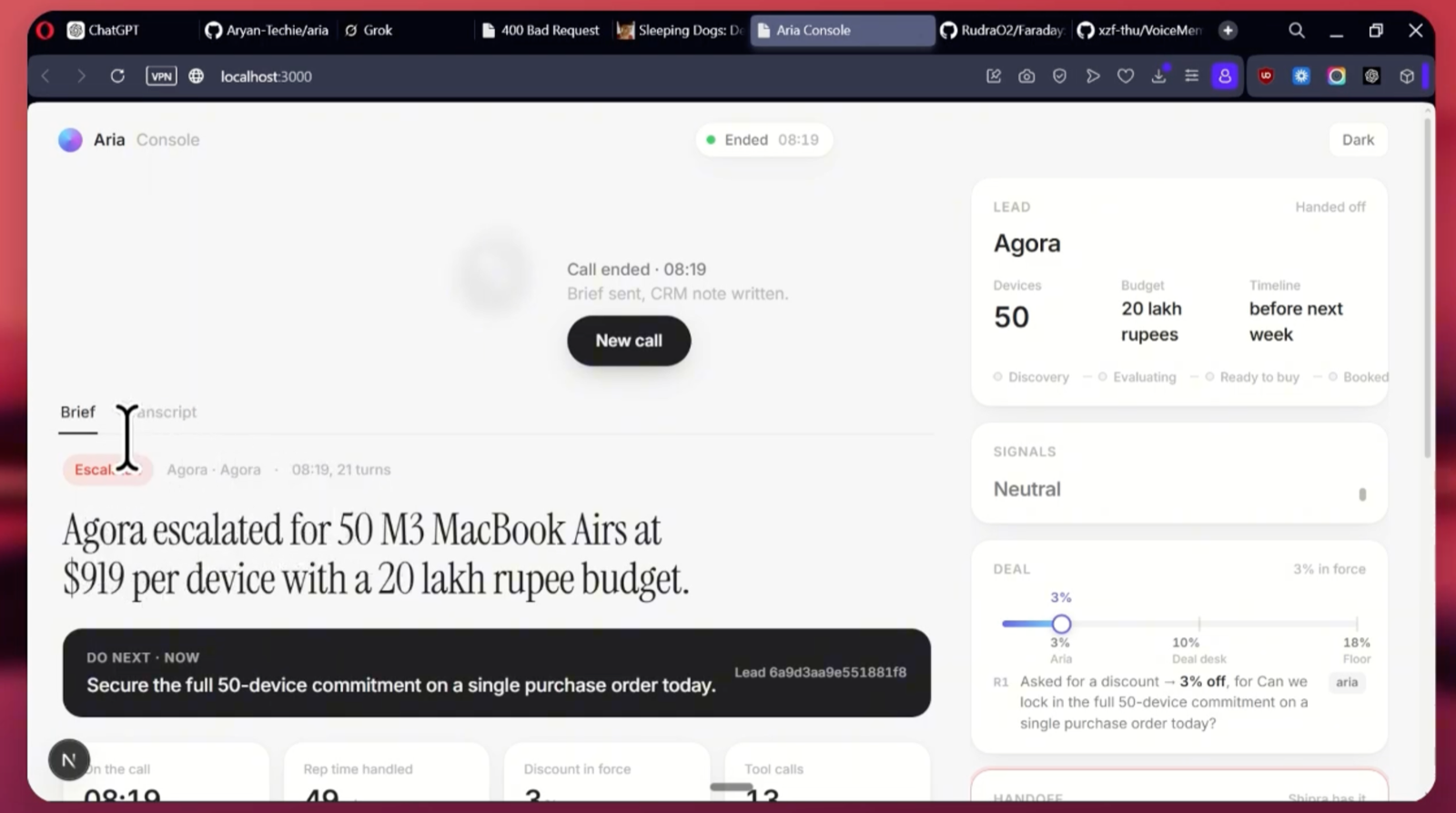 Aria console after the call ends — the AI-written brief, recommended next action, and handoff status