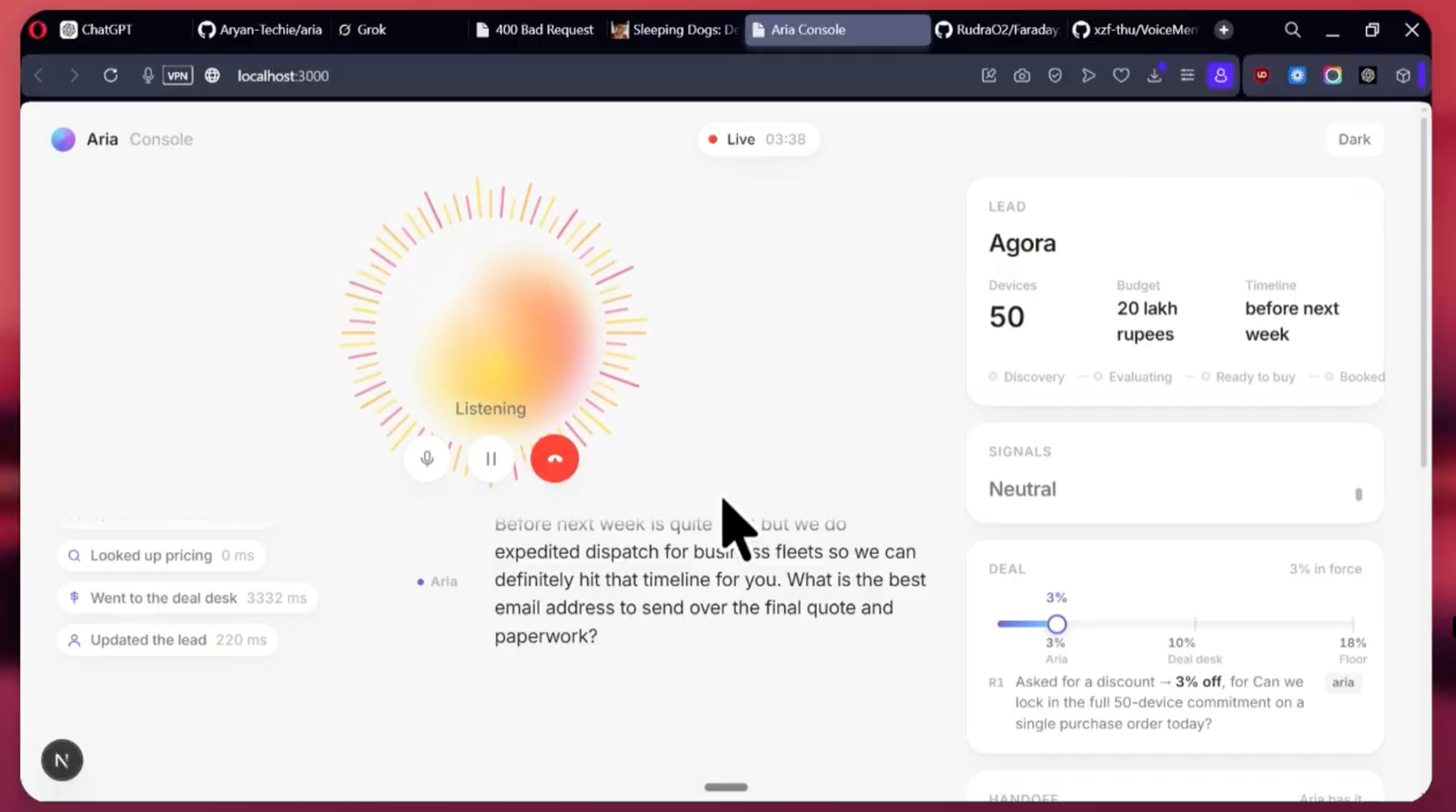 Aria console mid-call — the lead card, sentiment, and live deal state updating while she is still talking