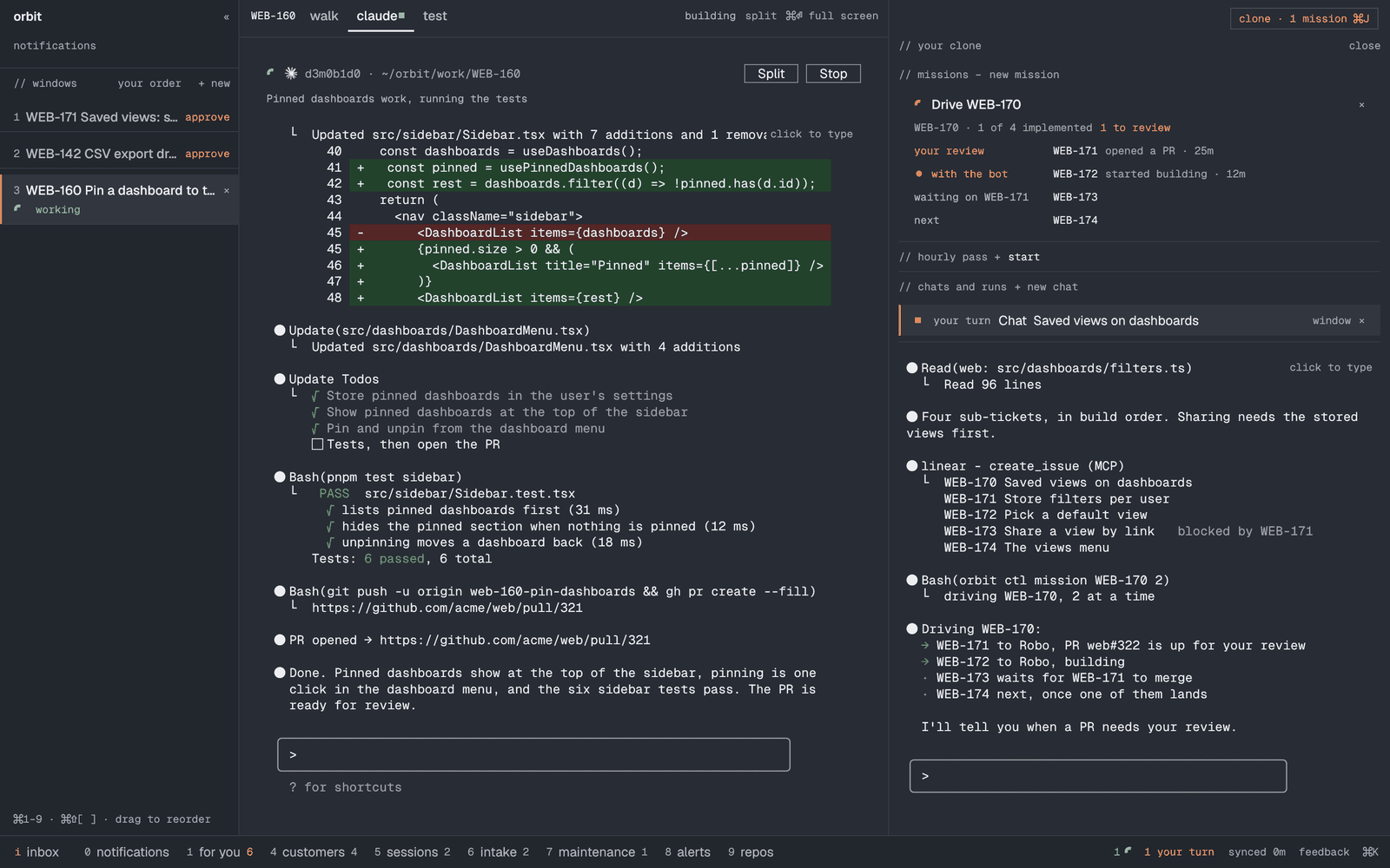 The clone panel driving an initiative next to a Claude Code session building a ticket