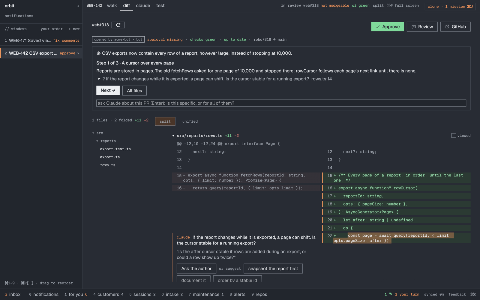 A PR walkthrough with a question pinned to a line