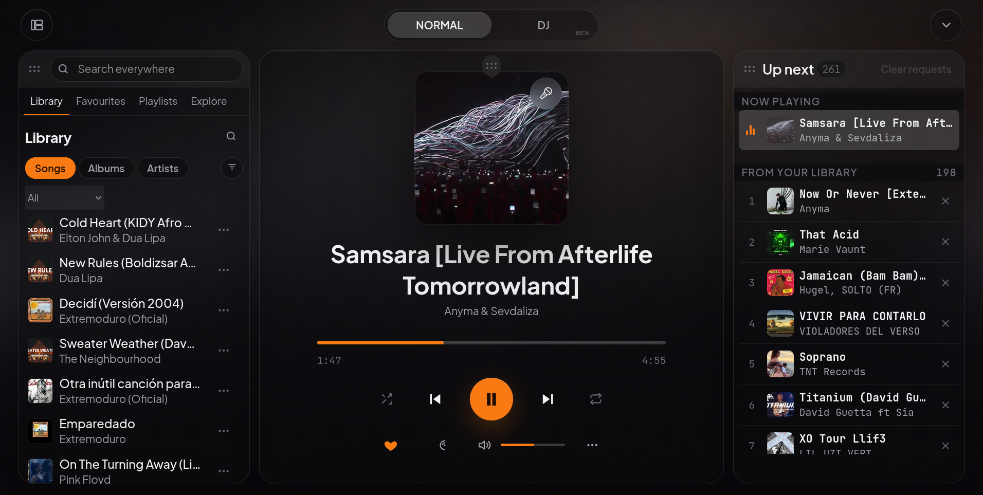Soundsible web player with album artwork, library navigation and the upcoming queue