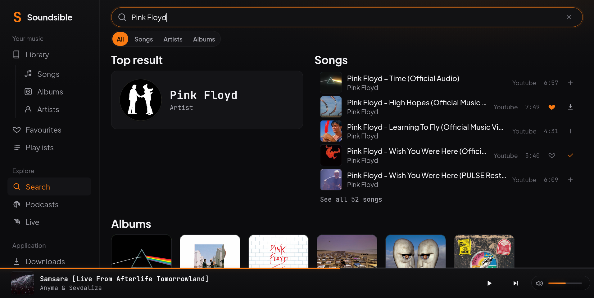 Search results for artists, songs and albums