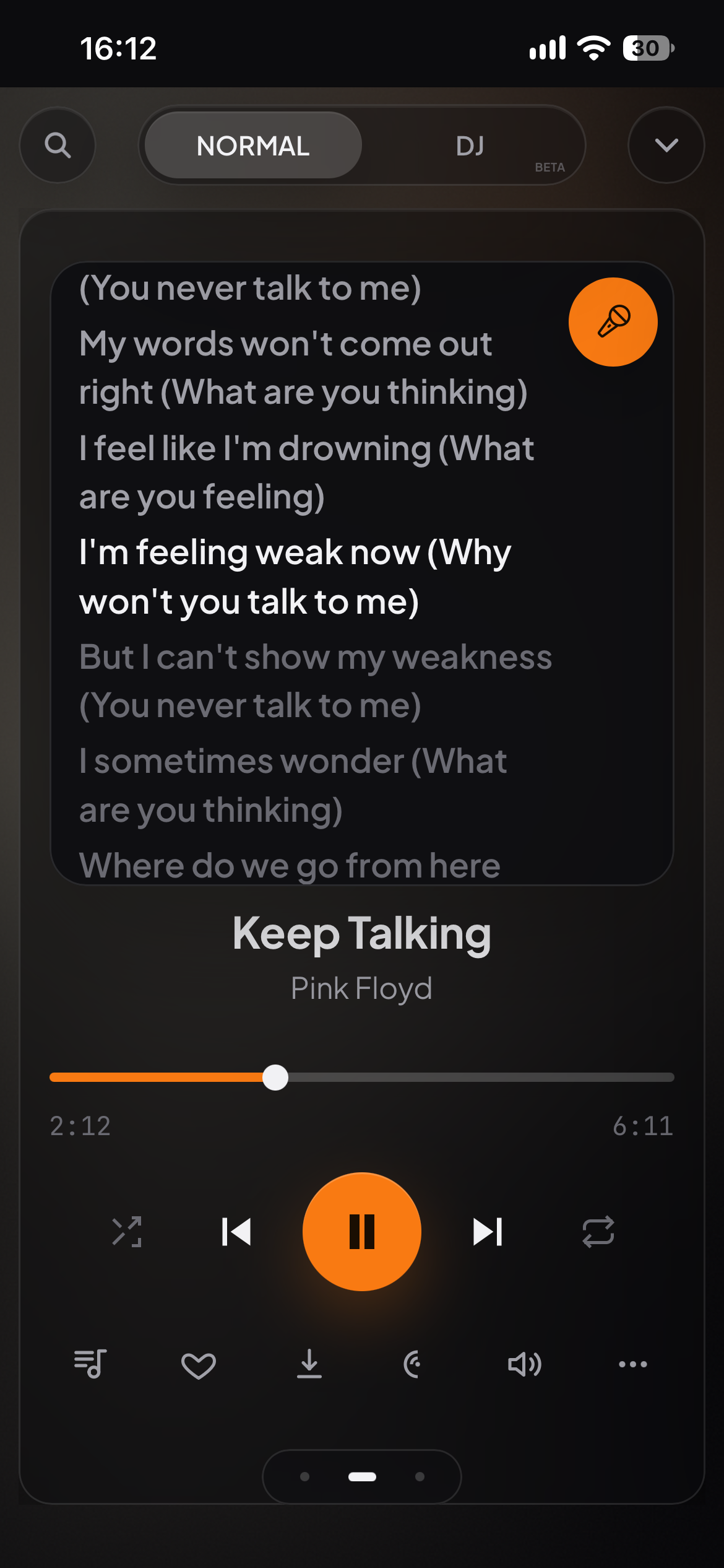 Mobile player showing time-synced lyrics