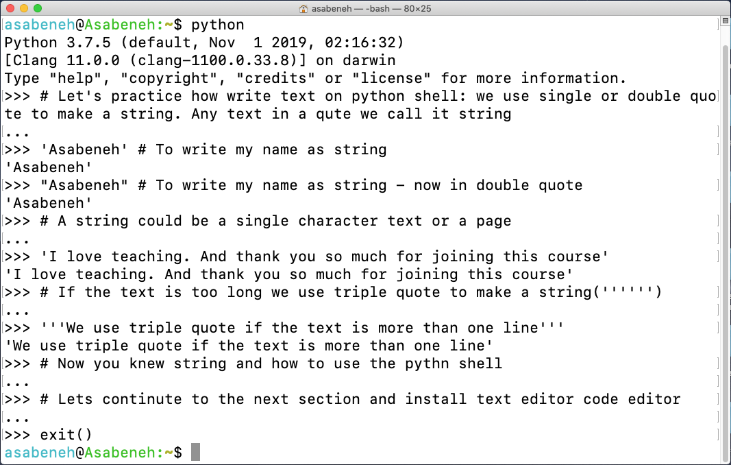 Pythonシェルで文字列を書く