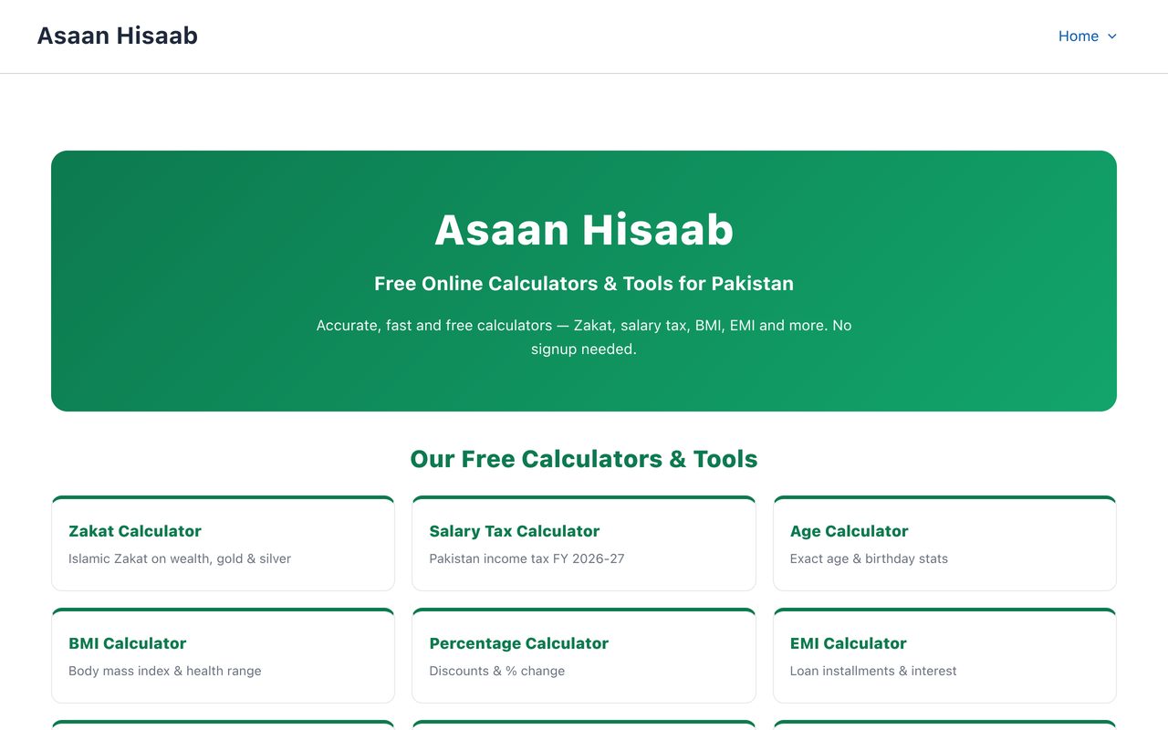 Asaan Hisaab tools website screenshot