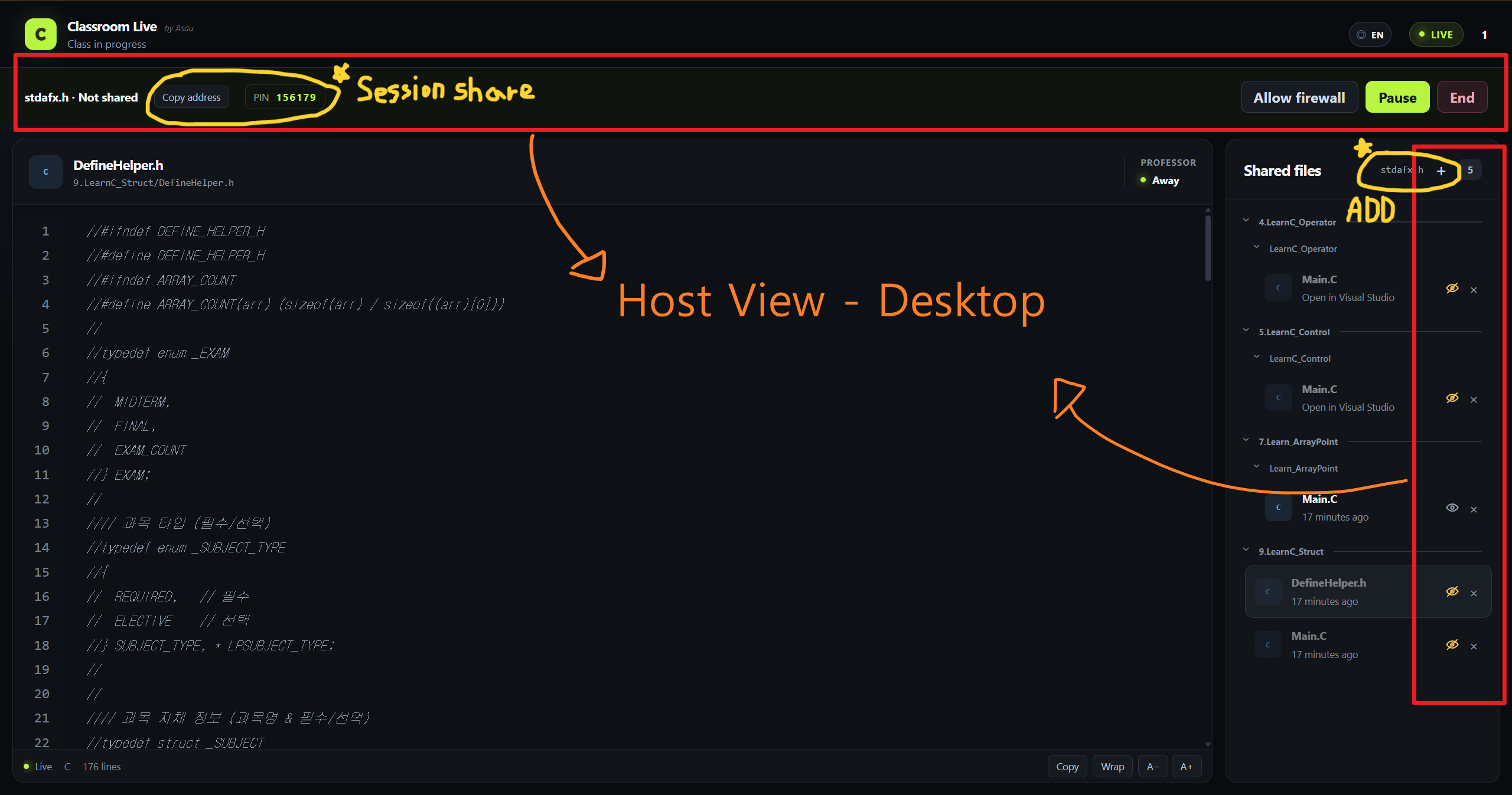 Manage shared files and the classroom session from the Classroom Live instructor view