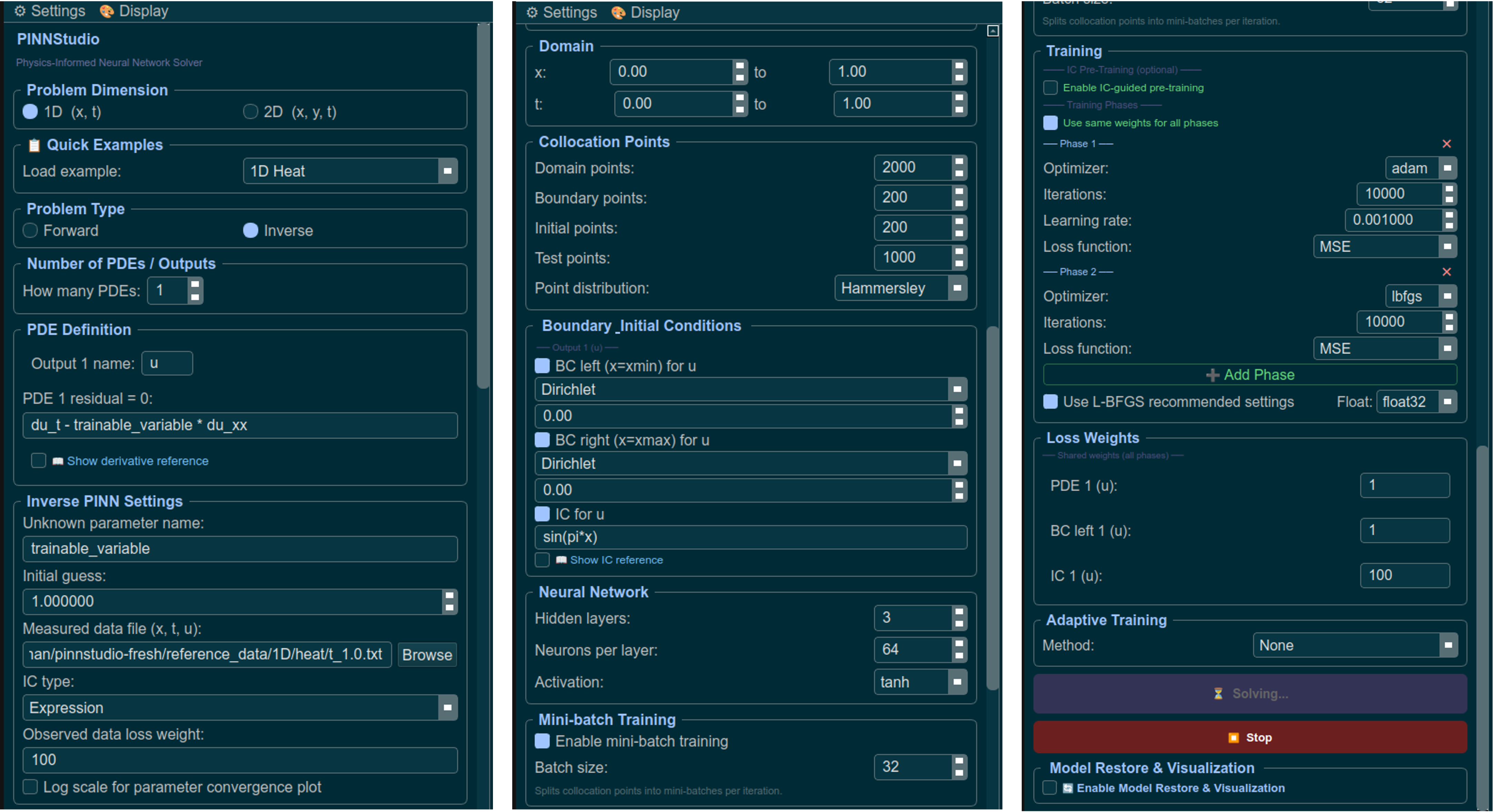 PINNStudio network, training schedule, and adaptive training controls