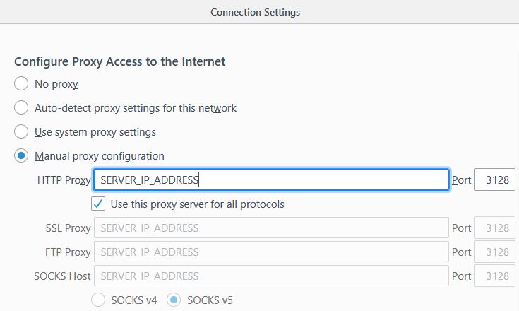 Screenshot of the Firefox proxy settings. 'Manual proxy configuration', and 'SOCKS5' are selected. Port '3128' is already specified, the server IP address still needs to be entered since it is individual to the user.