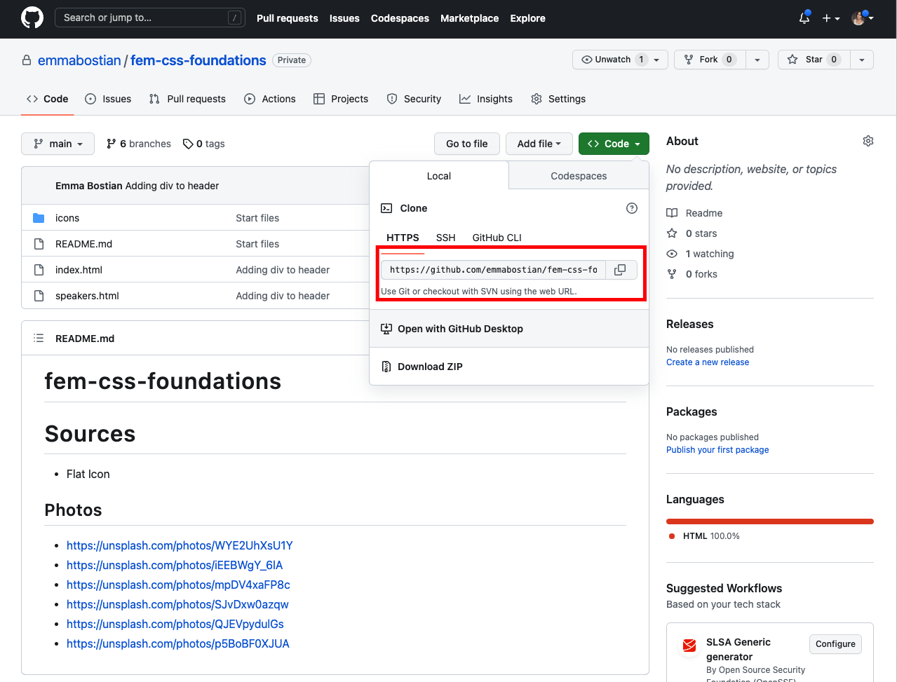 Clone your forked repository by clicking the green Code button and copying the HTTPS URL.