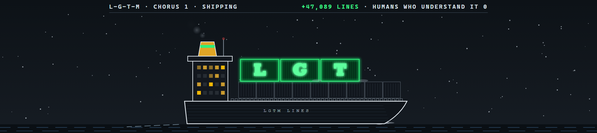The LGTM Lines ship at sea, its L, G and T containers glowing on deck