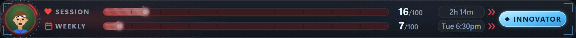 Low HP: a crying villager, red bars, red-alert chevrons and an Innovator badge