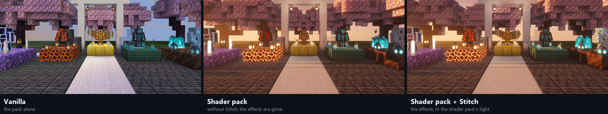 The same scene three ways: vanilla with the effects; a shader pack without Stitch, the armour plain; a shader pack with Stitch, the effects back