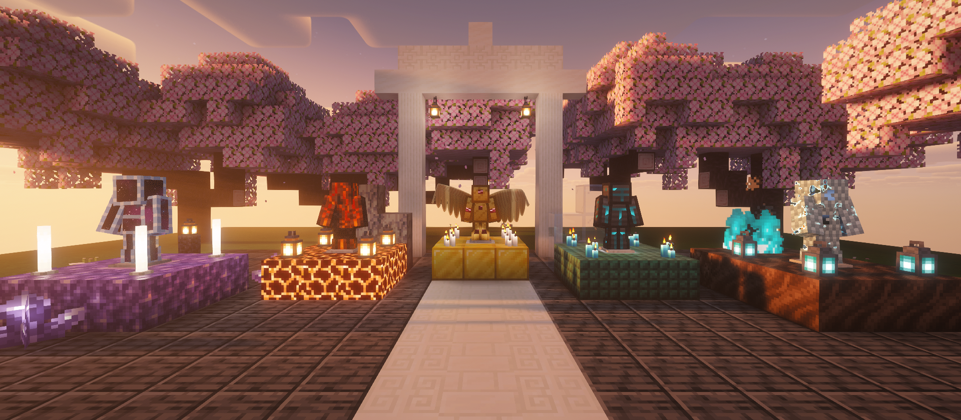 Five armour sets under the Complementary shader pack at sunset