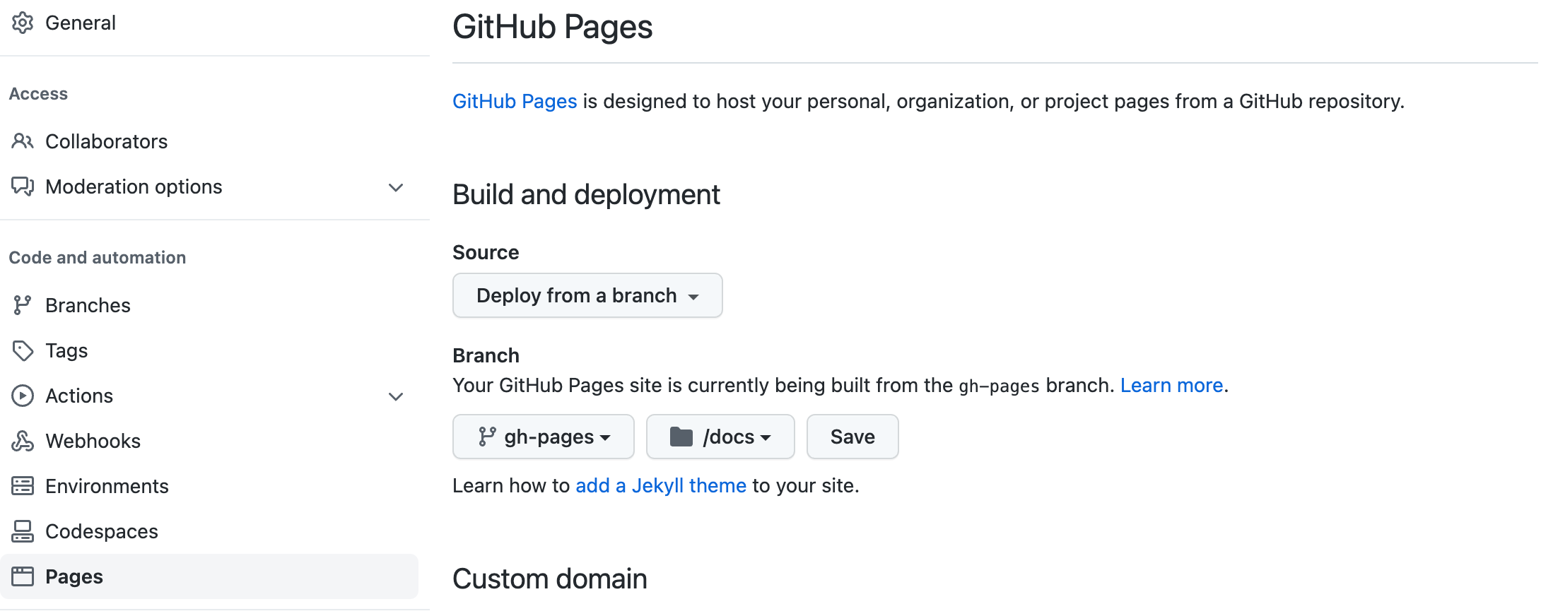 GitHub Pages Settings config