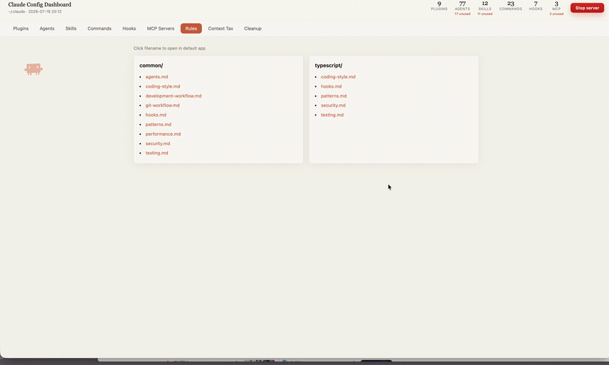 Claude Config Dashboard demo: tab tour, Context Tax token estimate, and cleanup script download
