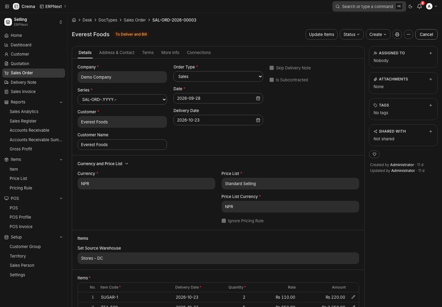 Crema: Sales Order form
