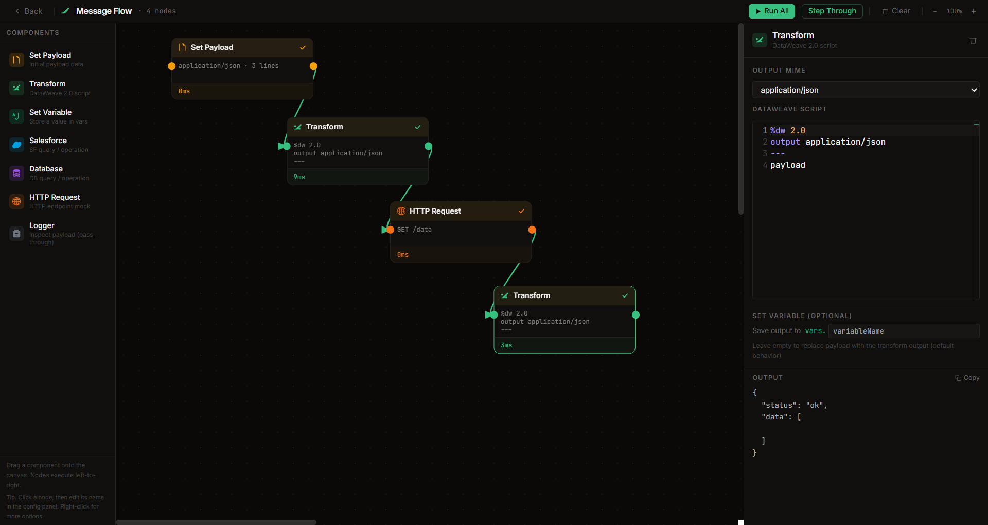 Message Flow designer with step-through debugging