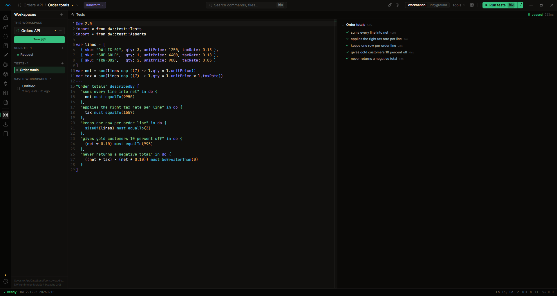 dw::test suite, five assertions passing