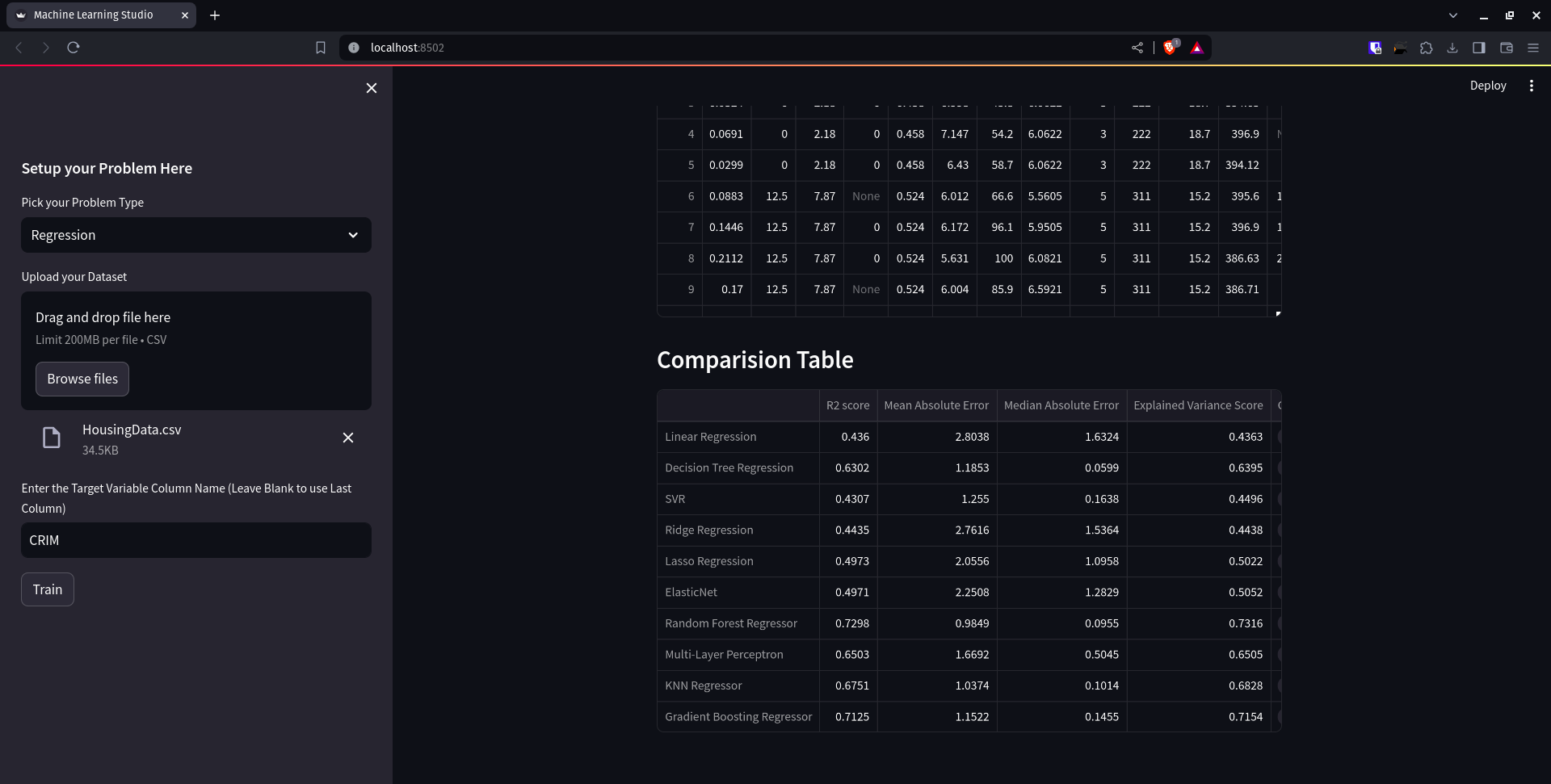 Screenshot of Comparision Table