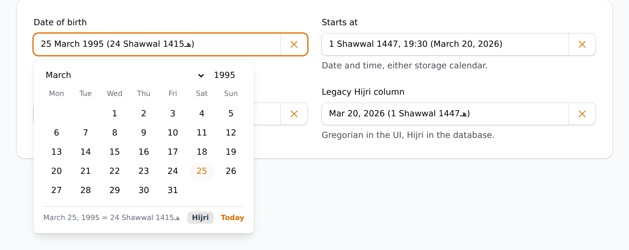 The same field showing a March 1995 grid, with the footer reading March 25, 1995 = 24 Shawwal 1415