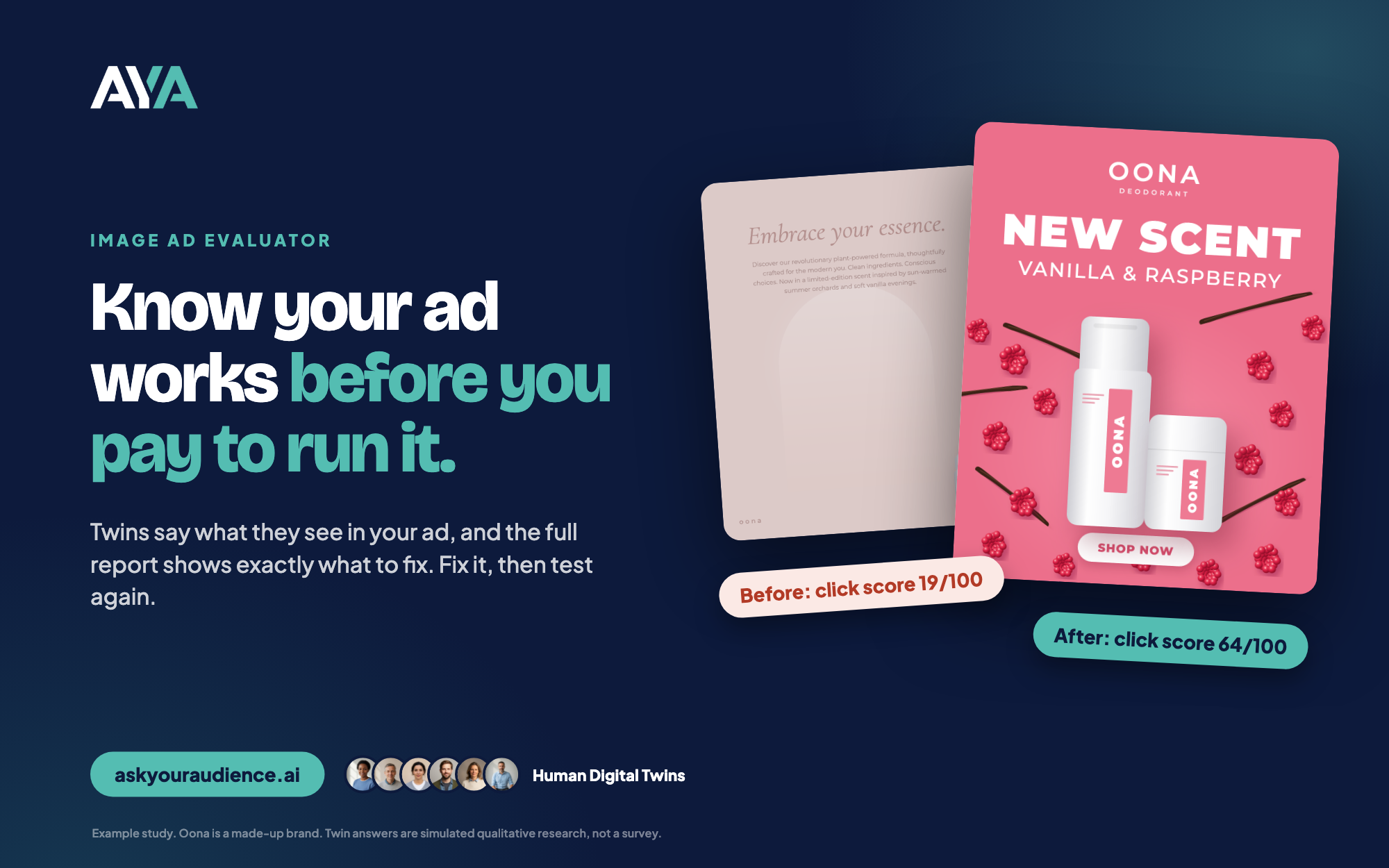An example ad for a made-up brand, before and after the fixes twins suggested
