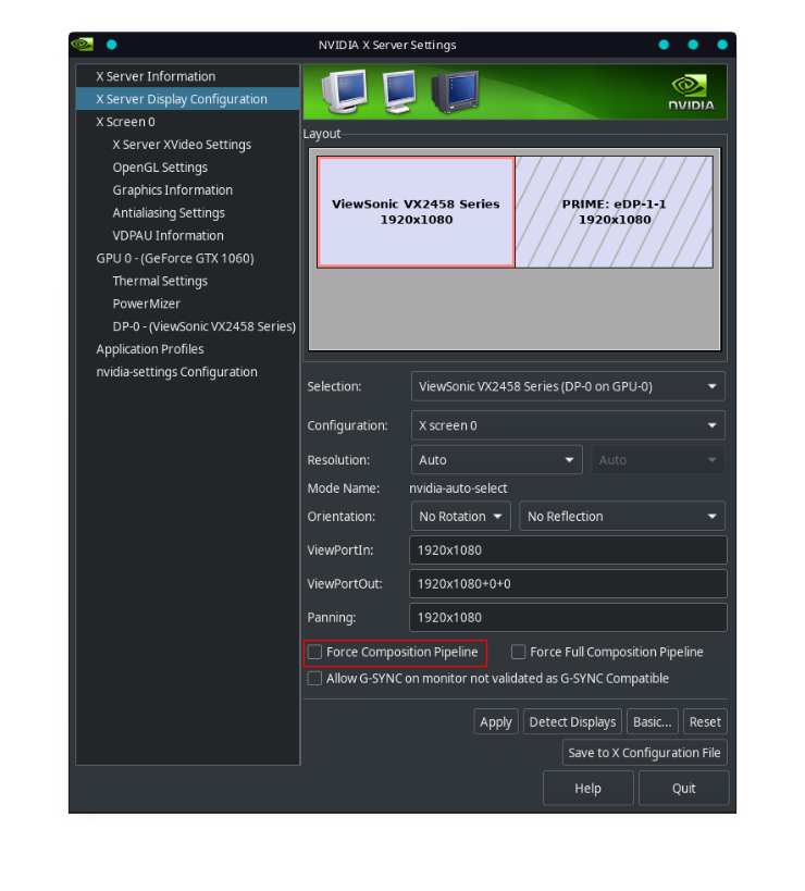 Screenshot of the ForceCompositionPipeline option in the Nvidia control panel