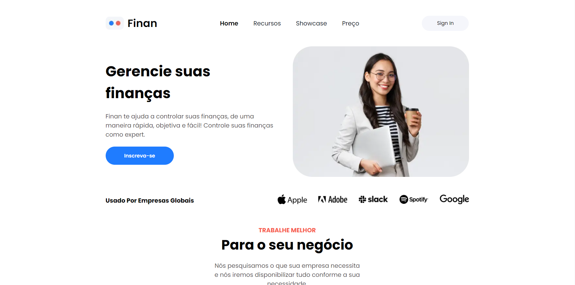 Tela principal do Finan Landing Page