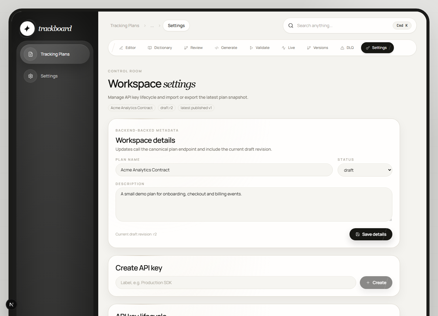 Trackboard settings
