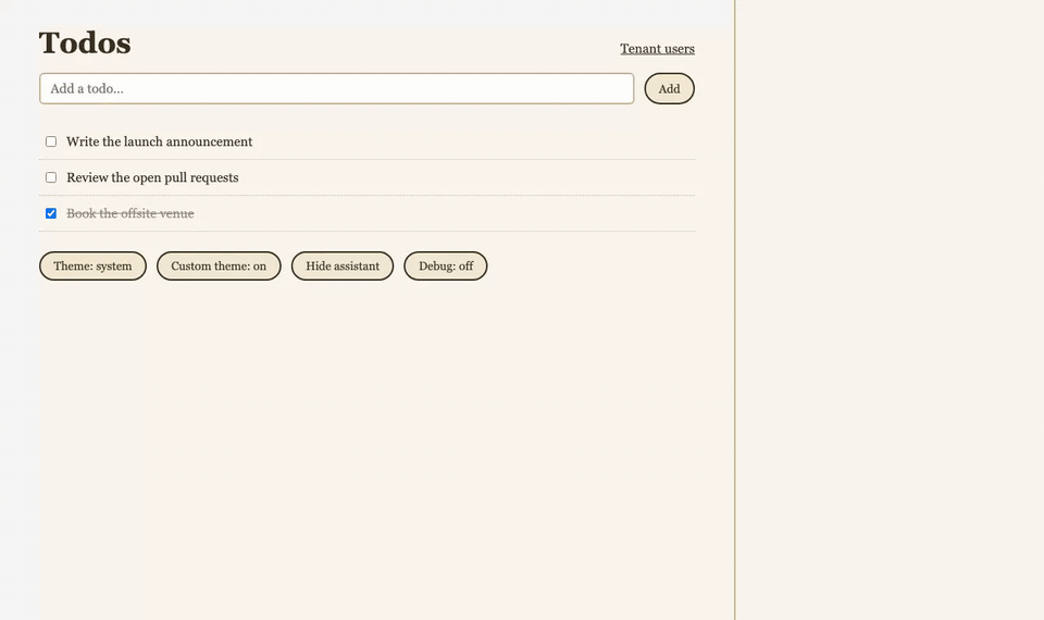 The AstralBeam agent sidebar listing, adding, and completing todos in the todos example