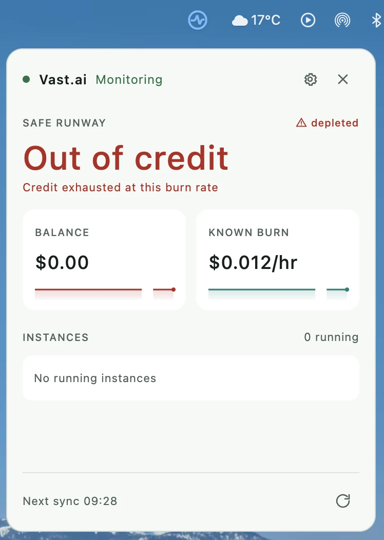 The CreditWatch popover in light appearance, anchored under its menu bar icon, showing an account whose credit has run out