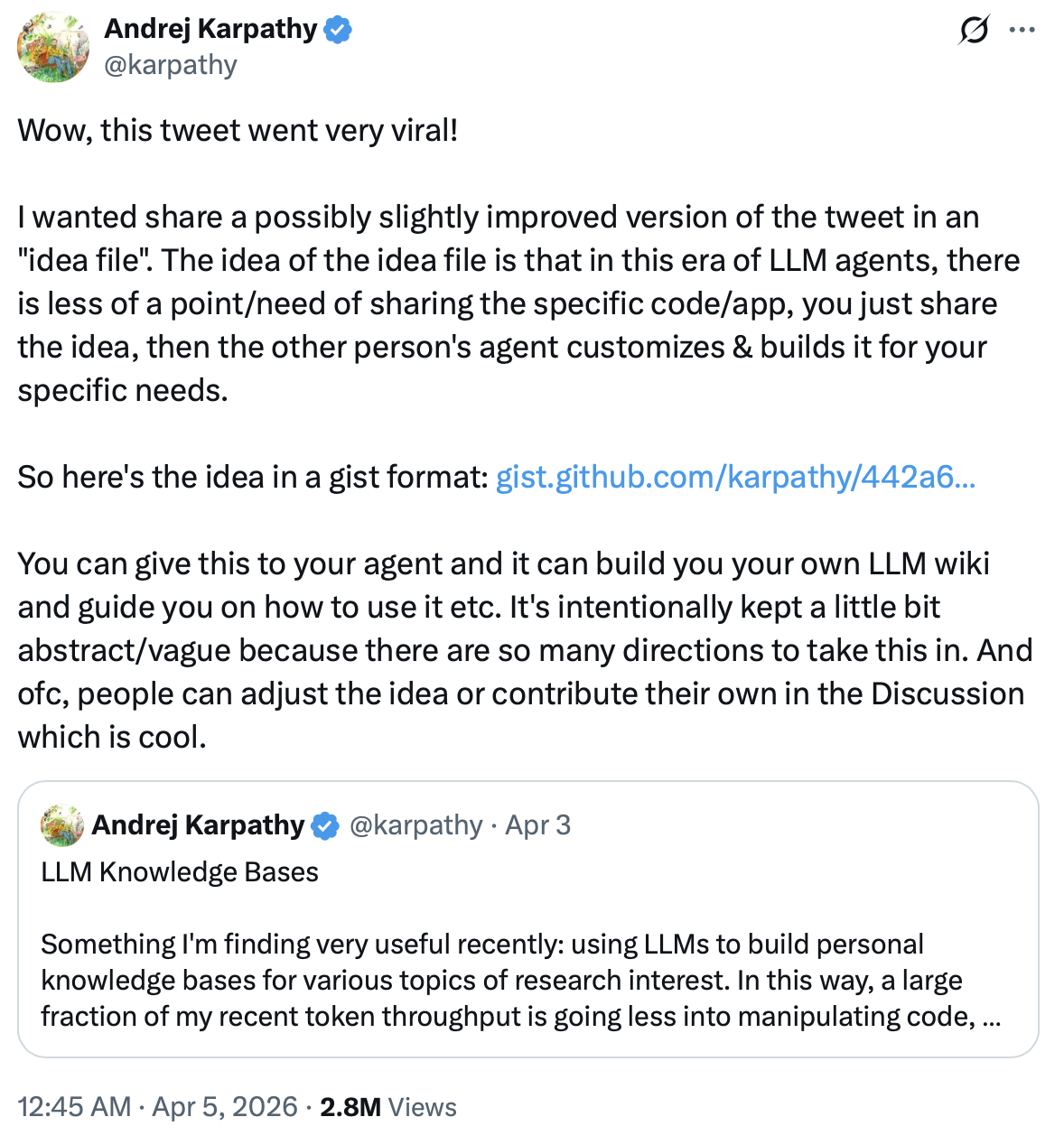 Karpathy's tweet about LLM Wiki