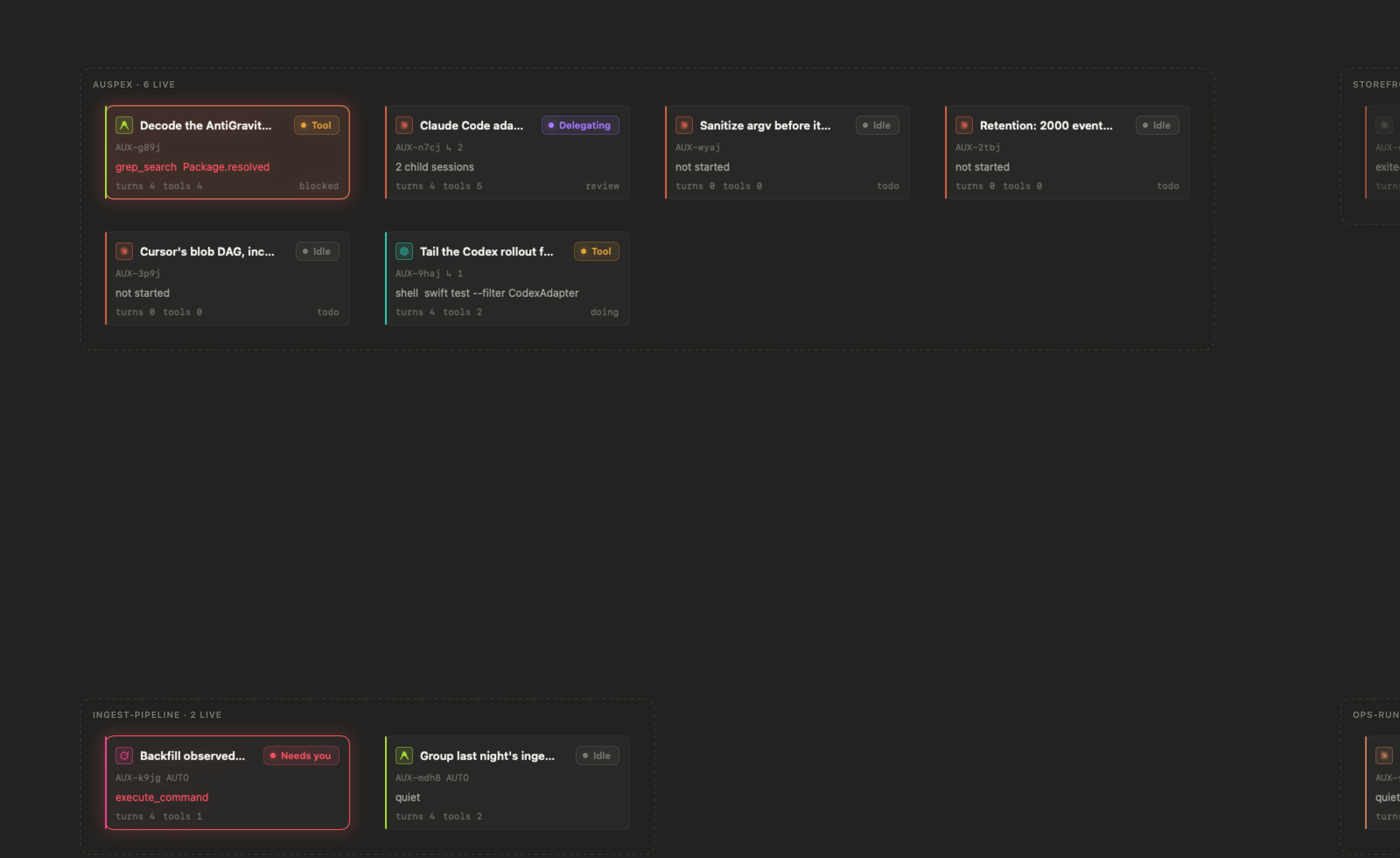 The Perch: user-positioned task cards inside project frames, with dependencies and one selected task