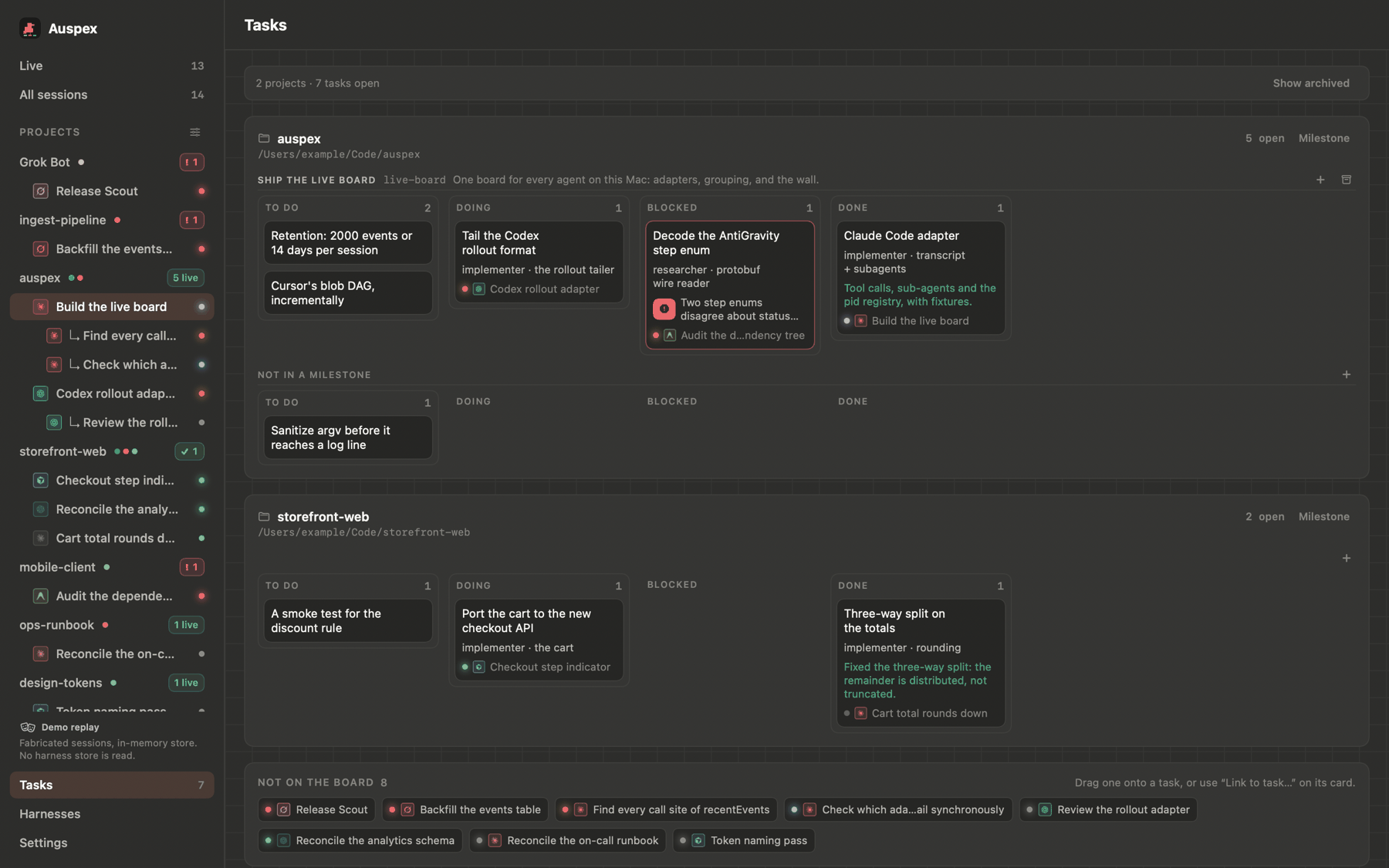 The Roost: one lane per project, milestones inside them, and who claimed each task