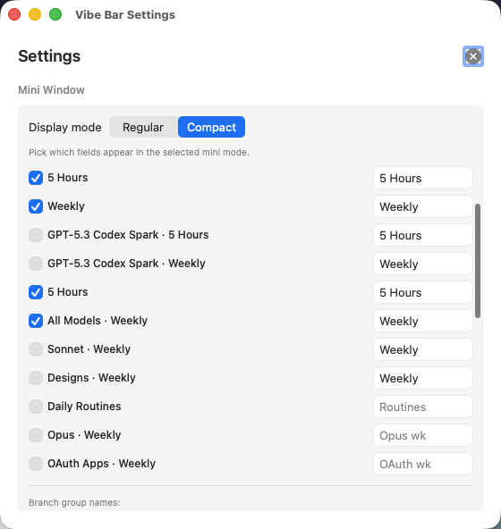 Mini window settings
