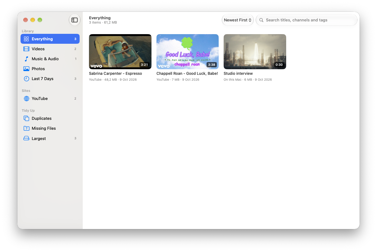 The Pluck Library: collections for videos, music, photos and sites, with a grid of saved videos and songs