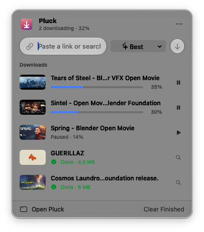 The menu bar panel with a link field, format menu and download progress