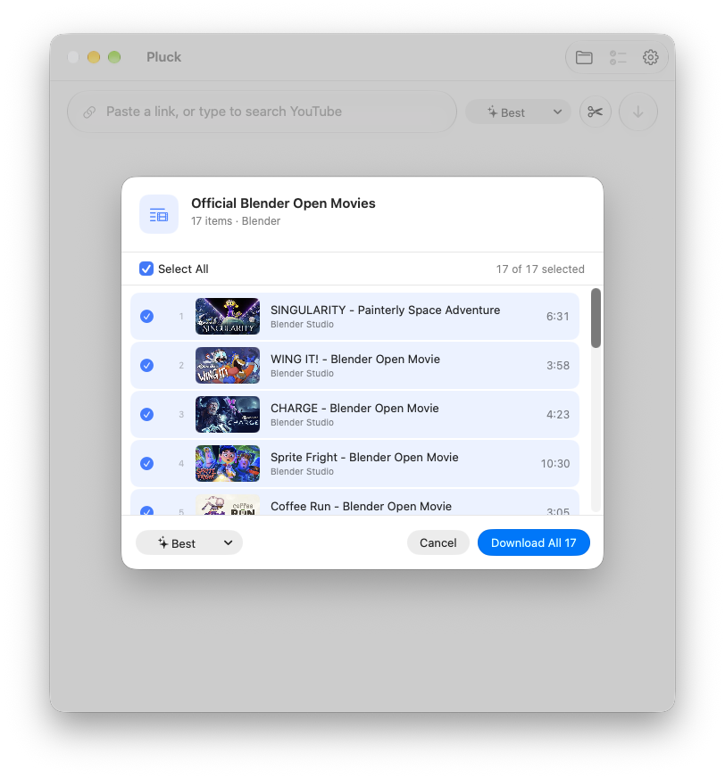 The playlist picker showing the 17 Blender open movies, all selected