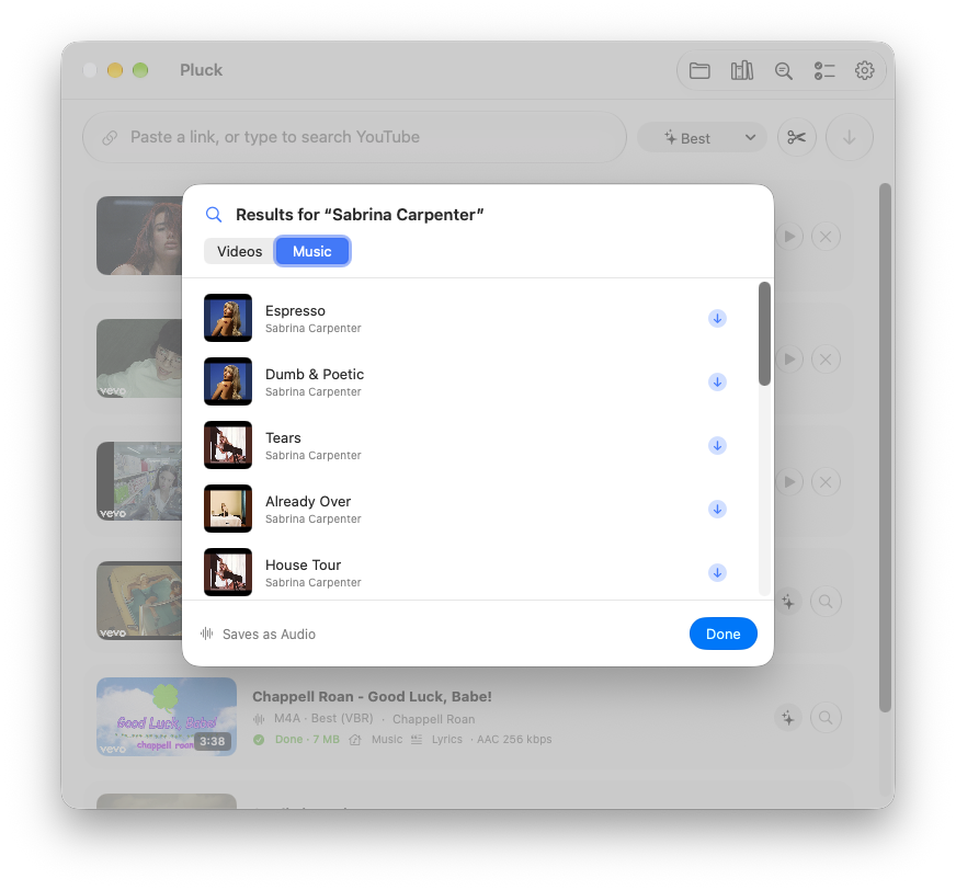 Search results for Sabrina Carpenter on the Music tab, each with a download button