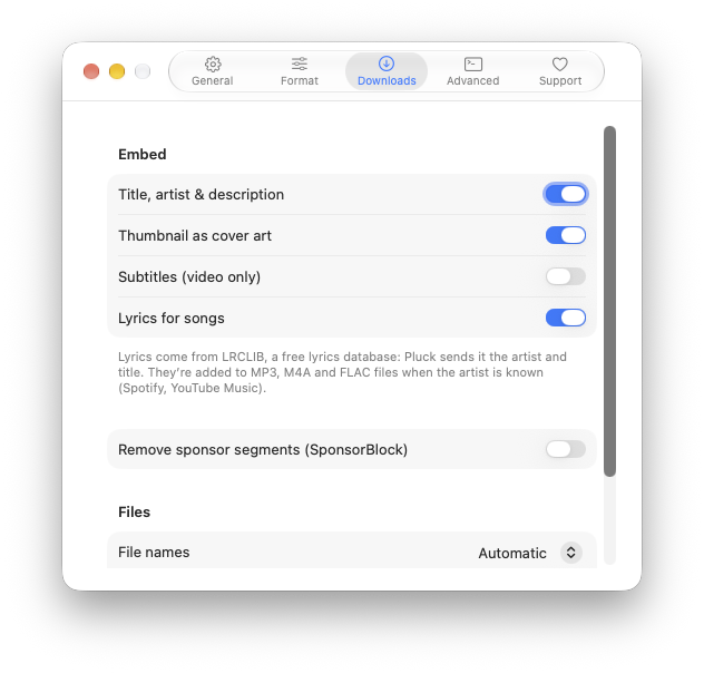 Settings, Downloads tab: embed metadata, cover art, subtitles and lyrics, and file names