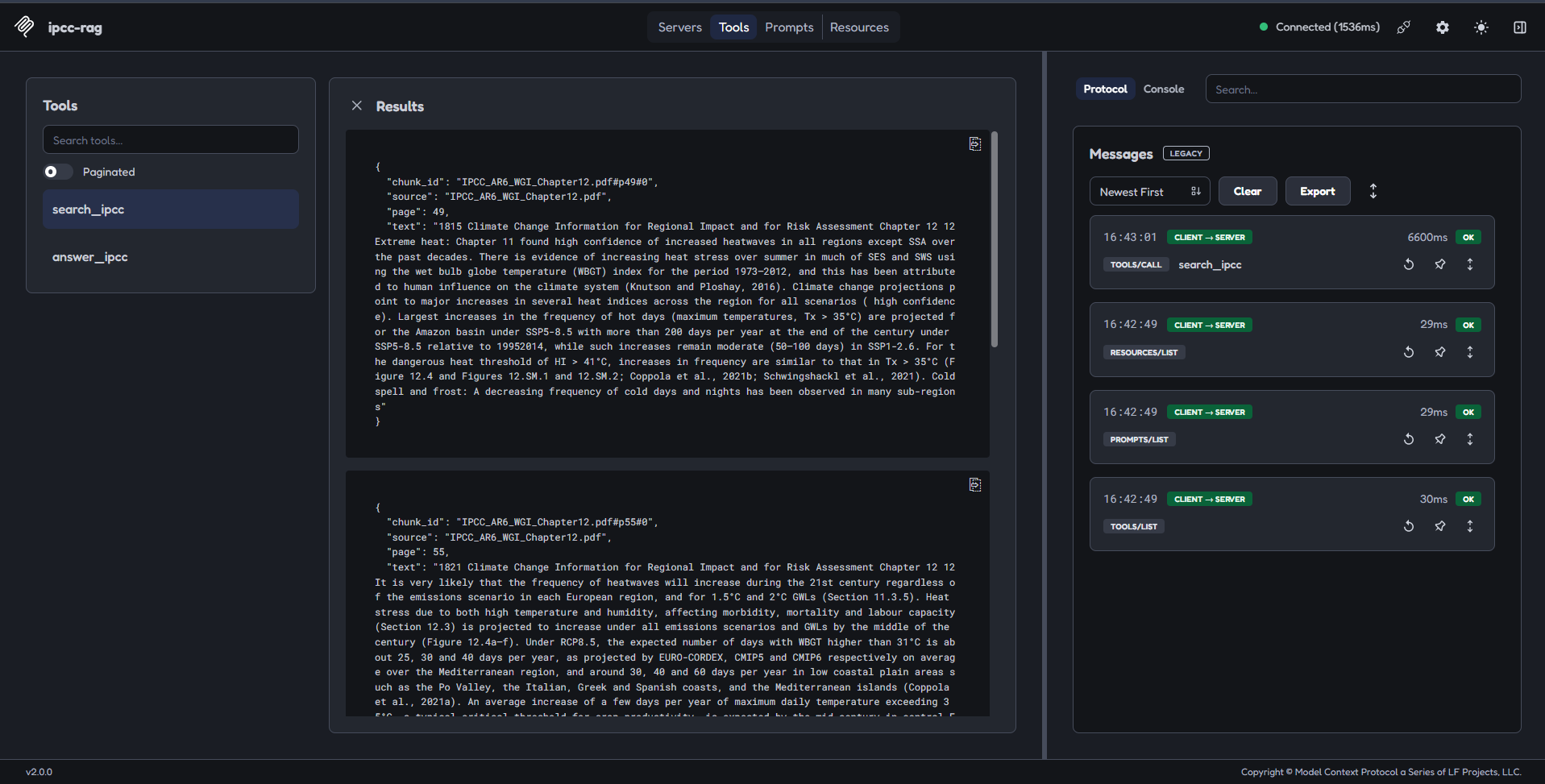 search_ipcc called from the MCP Inspector, returning IPCC AR6 excerpts with source file and page number
