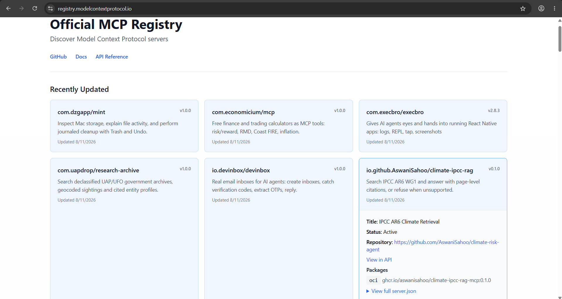 IPCC RAG MCP server listed on the official MCP registry with status Active, showing title, description, and linked repository