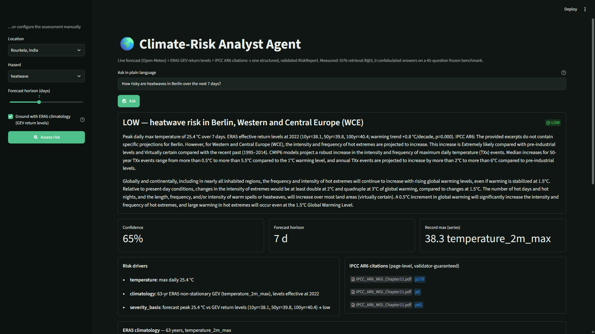 Climate-Risk Agent UI: a Berlin heatwave report with the ERA5 non-stationary GEV trend, effective return levels, and validator-guaranteed IPCC citations