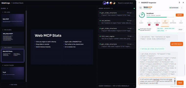 An agent calling set_chart_data and a real bar chart rendering live