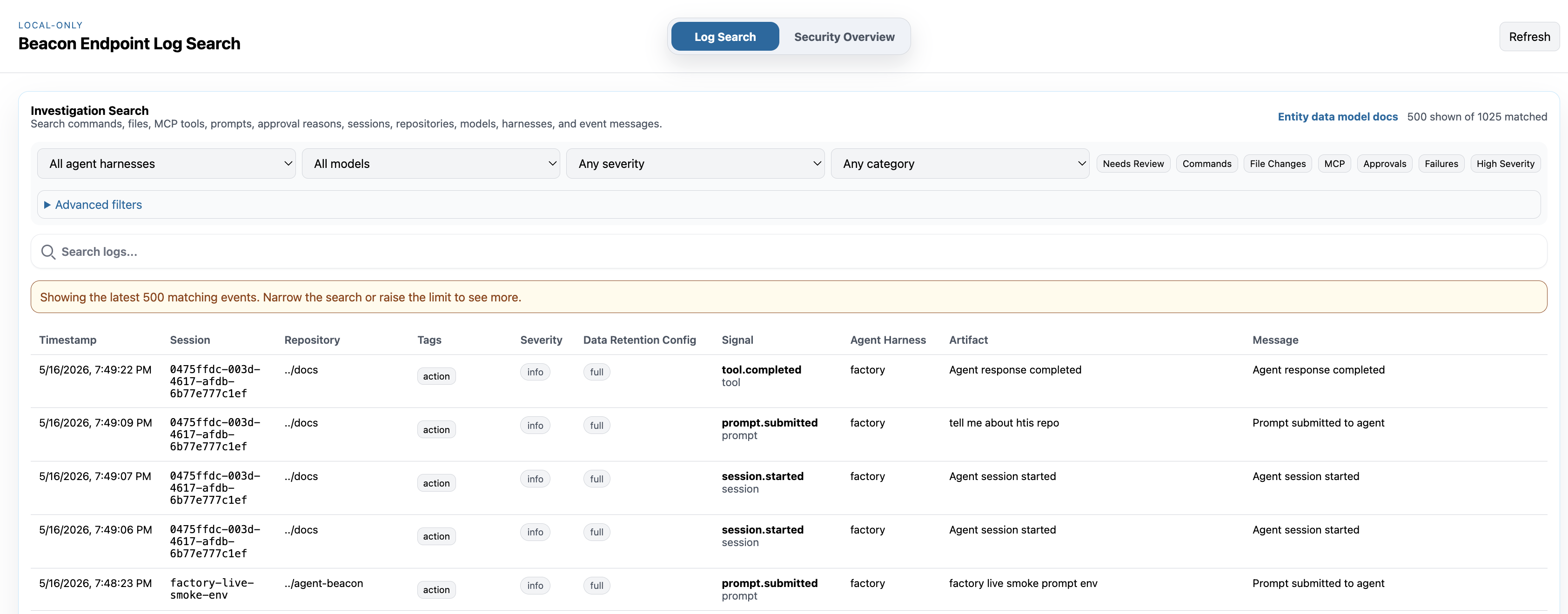 Beacon dashboard log search