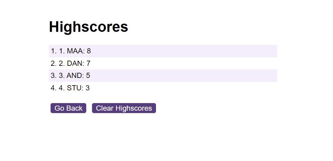 Screenshot of JavaScript Quiz Highscores