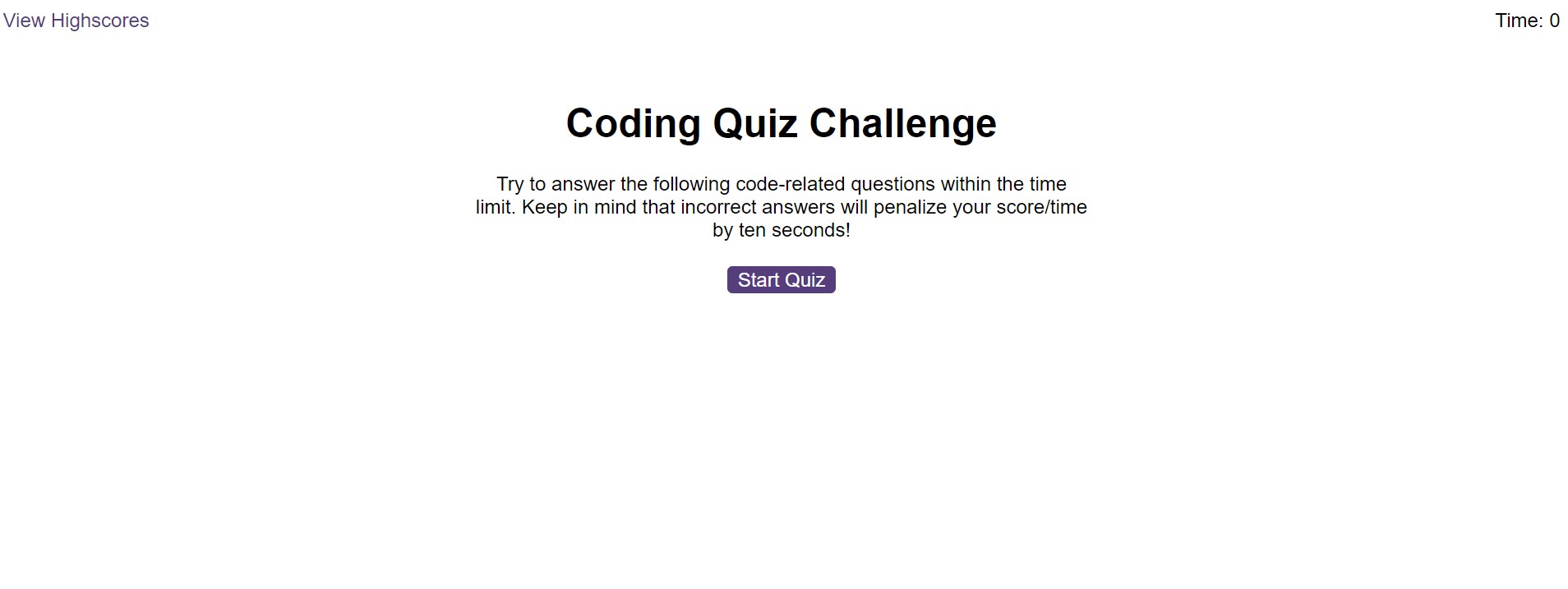 Screenshot of JavaScript Quiz Landing Page