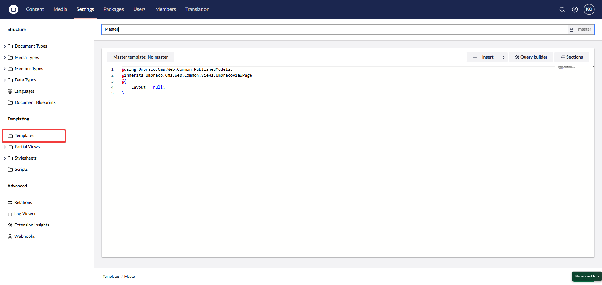 Go to settings tab and add Master.cshtml file